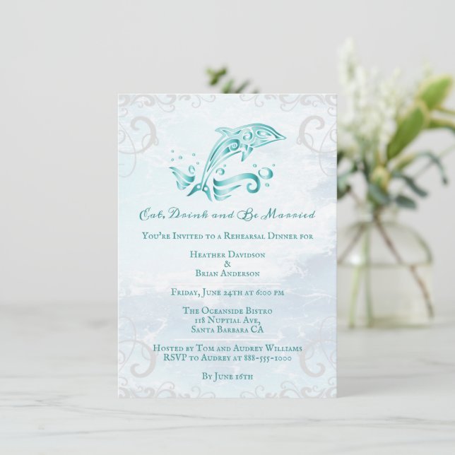 Teal Dolphin Wedding Rehearsal Dinner Invitation (Standing Front)