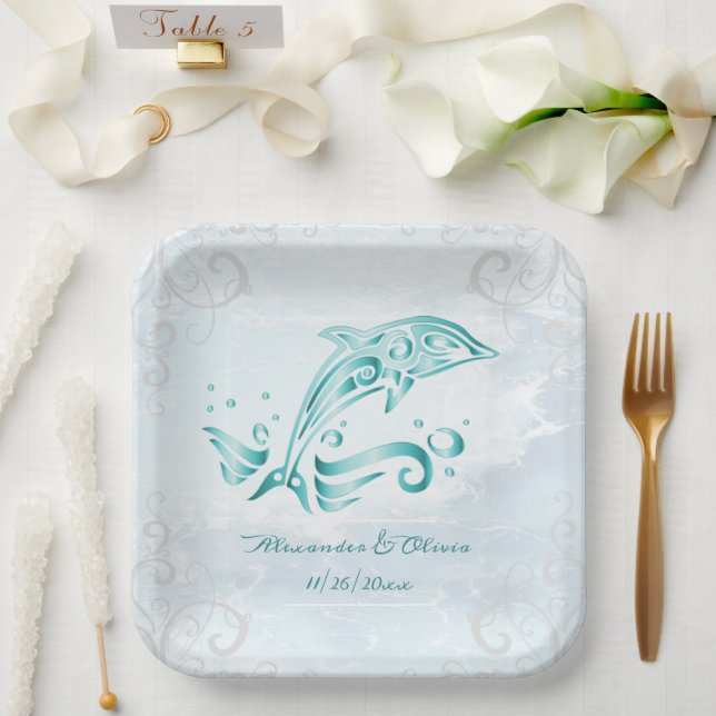 Teal Dolphin Wedding Shower Paper Plate (Wedding)