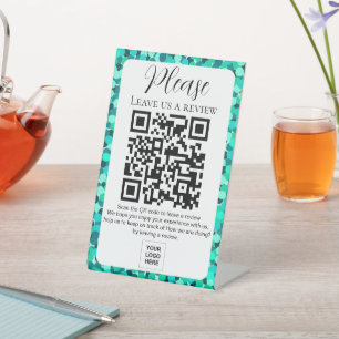 Teal Dot Pattern Leave us a Review QR code Pedestal Sign