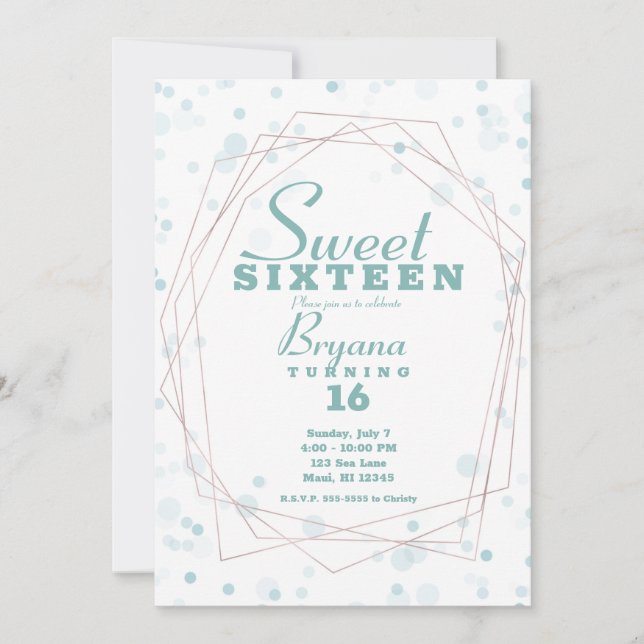 Teal Dots Rose Gold Geometric Modern Sweet 16  Invitation (Front)