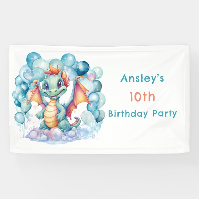 Teal Dragon with Balloon Arch Birthday Party Banner (Horizontal)