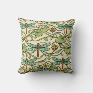 Teal Dragonfly Art Nouveau Botanical Illustration Cushion