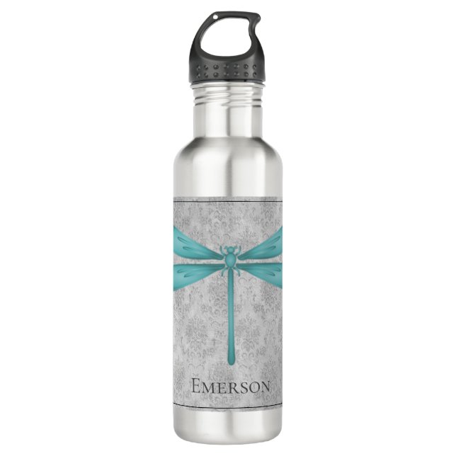 Teal Dragonfly Damask 710 Ml Water Bottle (Front)