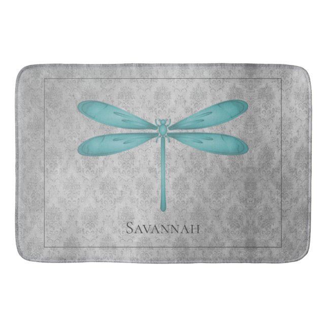 Teal Dragonfly Damask Bath Mat (Front)