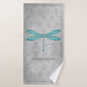 Teal Dragonfly Damask Bath Towel Set