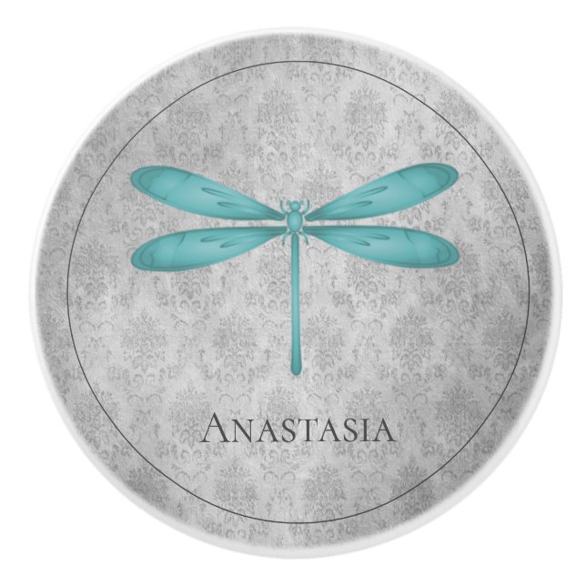 Teal Dragonfly Damask Ceramic Knob (Front)