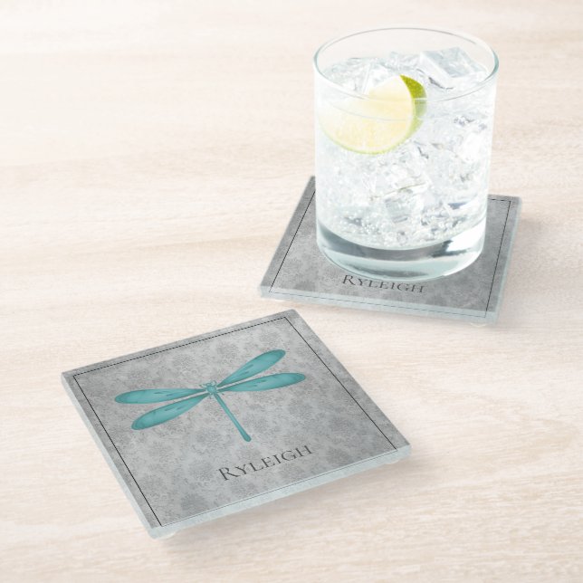 Teal Dragonfly Damask Glass Coaster (Angled)