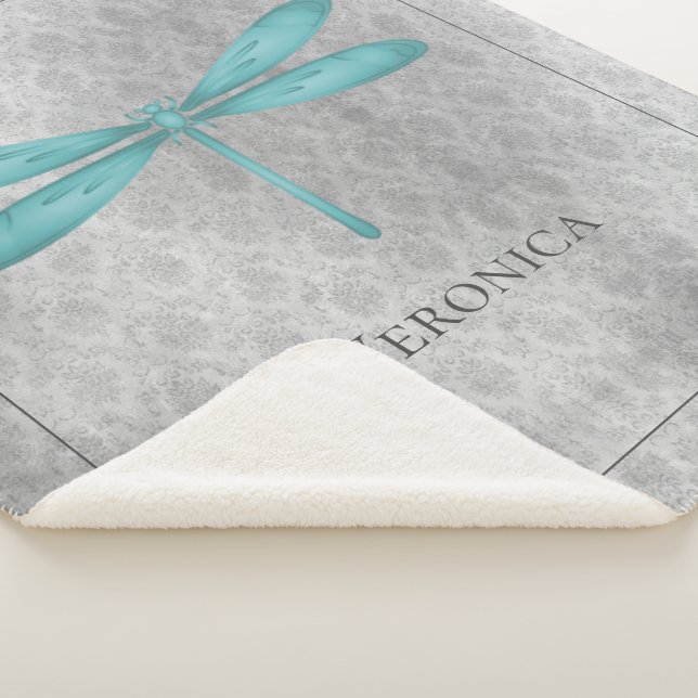Teal Dragonfly Damask Personalised Sherpa Blanket (3/4)