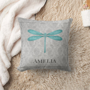 Teal Dragonfly Damask Personalised Throw Pillow
