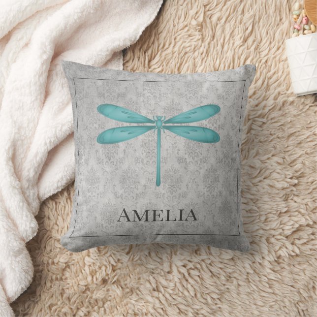 Teal Dragonfly Damask Personalised Throw Pillow (Blanket)