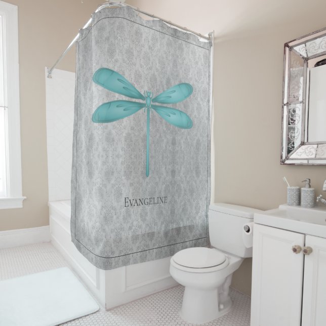 Teal Dragonfly Damask Shower Curtain (In Situ)