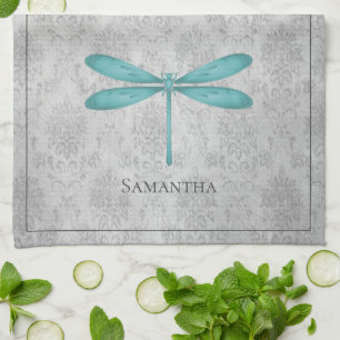 Teal Dragonfly Damask Tea Towel