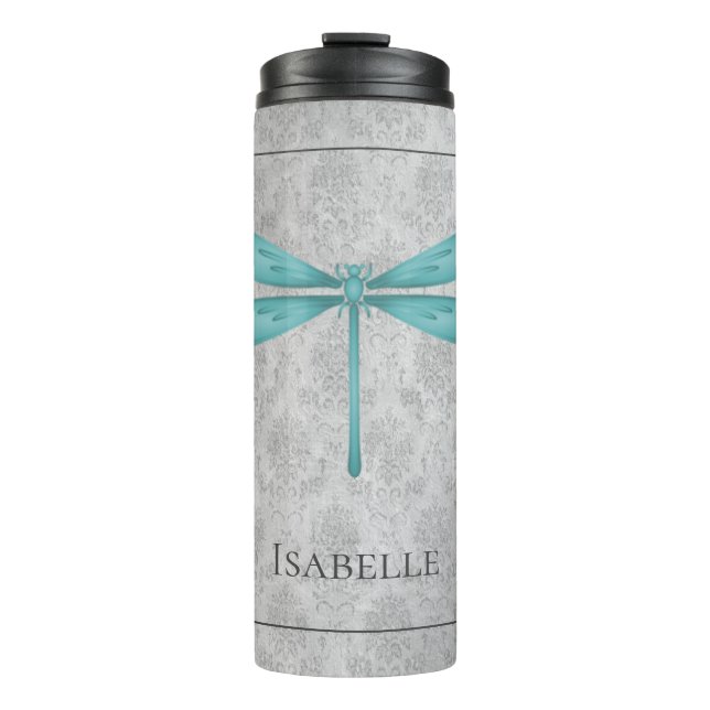 Teal Dragonfly Damask Thermal Tumbler (Front)