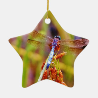 Teal Dragonfly on sedge Ceramic Tree Decoration