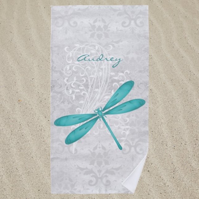 Teal Dragonfly Personalised Beach Towel (Teal Dragonfly Personalized Beach Towel)
