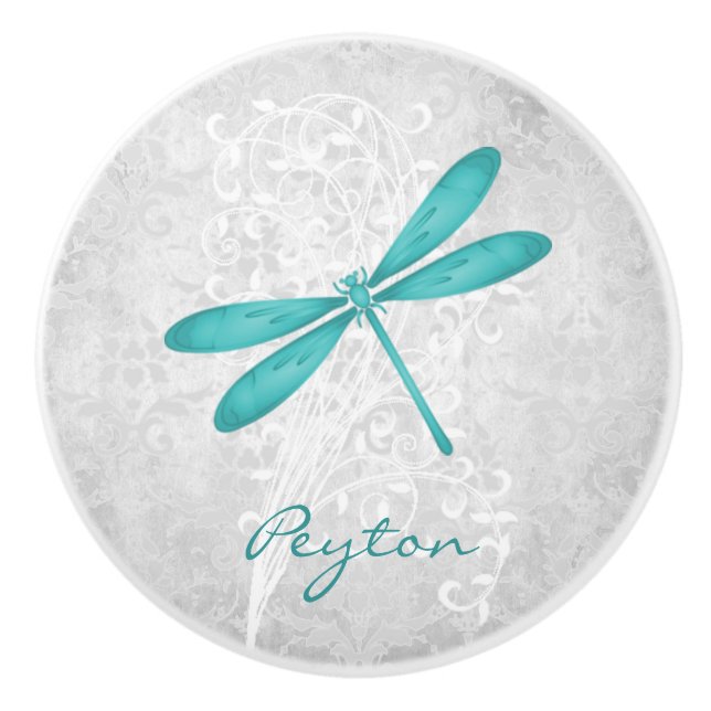 Teal Dragonfly Personalised Ceramic Pull (Front)