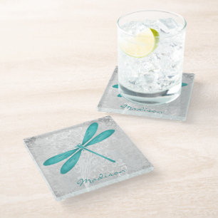 Teal Dragonfly Personalised Glass Coaster