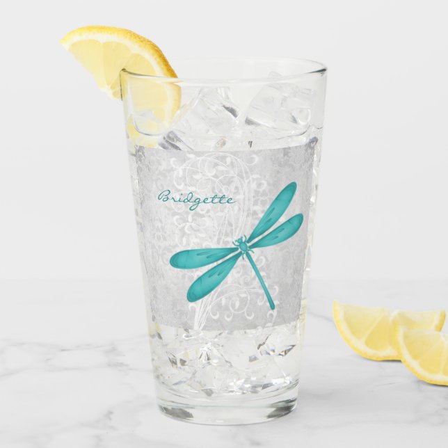 Teal Dragonfly Personalised Glass Cup (Front Ice)