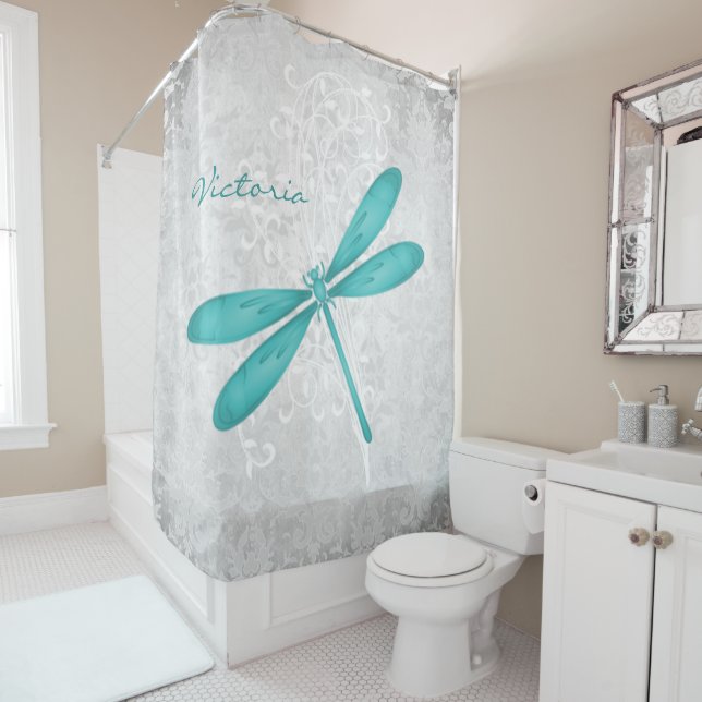 Teal Dragonfly Personalised Shower Curtain (In Situ)