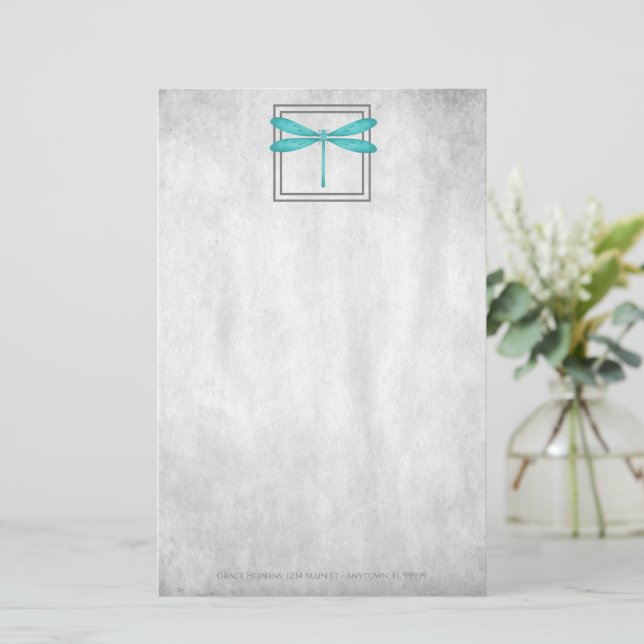 Teal Dragonfly Personalised Stationery (Standing Front)