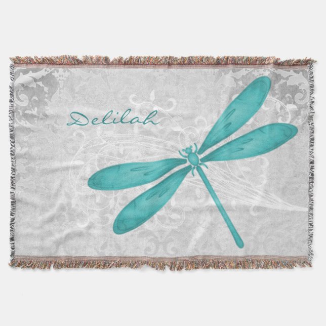 Teal Dragonfly Personalised Throw Blanket (Front)