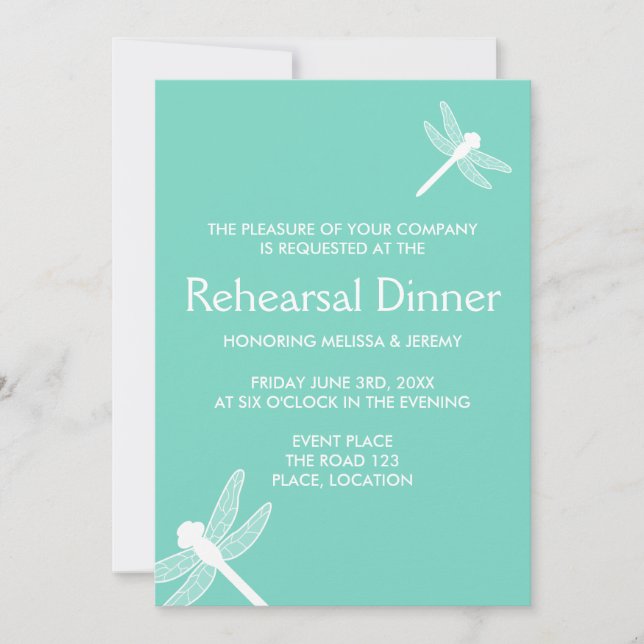Teal Dragonfly Rehearsal Dinner Invitation (Front)