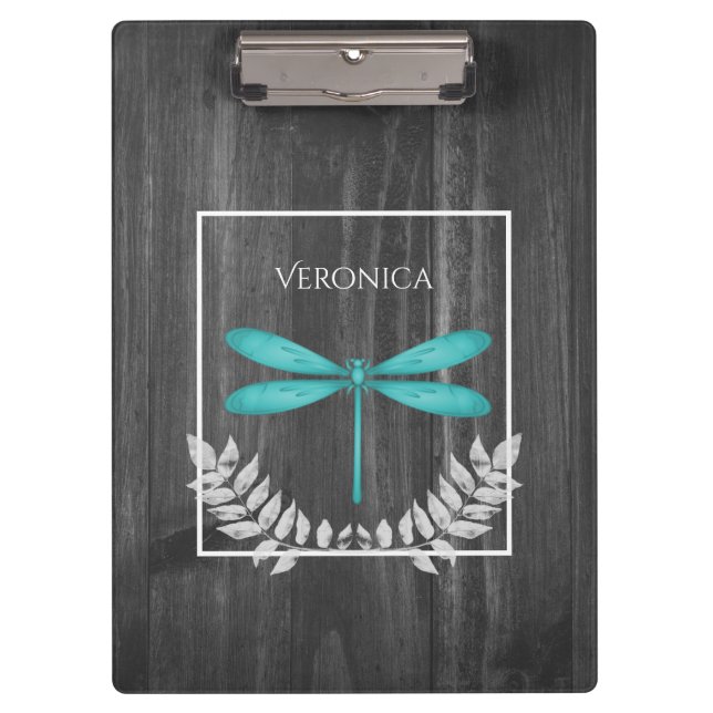 Teal Dragonfly Rustic Clipboard (Front)