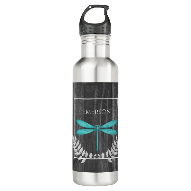 Teal Dragonfly Rustic Personalised 710 Ml Water Bottle (Front)