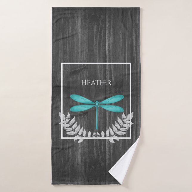 Teal Dragonfly Rustic Personalised Bath Towel Set (Bath Towel)