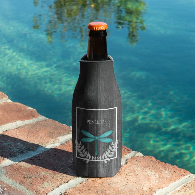 Teal Dragonfly Rustic Personalised Bottle Cooler (In Situ Pool)