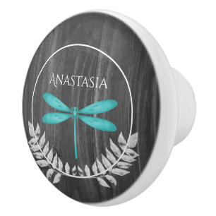 Teal Dragonfly Rustic Personalised Ceramic Knob