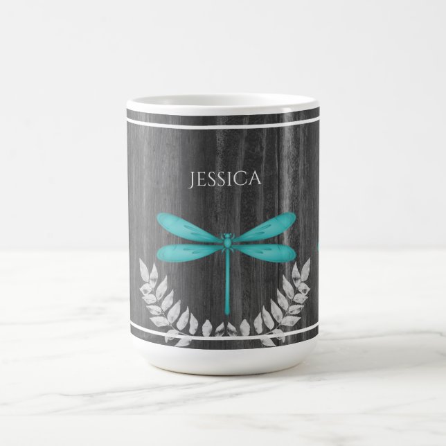 Teal Dragonfly Rustic Personalised Coffee Mug (Center)