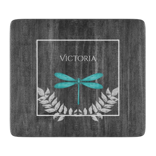 Teal Dragonfly Rustic Personalised Cutting Board (Front)