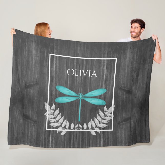 Teal Dragonfly Rustic Personalised Fleece Blanket (In Situ)