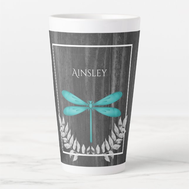 Teal Dragonfly Rustic Personalised Latte Mug (Front)