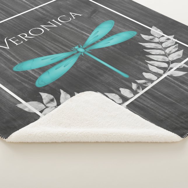 Teal Dragonfly Rustic Personalised Sherpa Blanket (3/4)