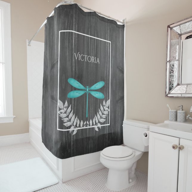 Teal Dragonfly Rustic Personalised Shower Curtain (In Situ)