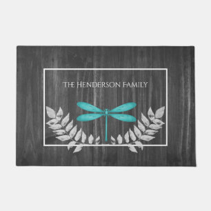 Teal Dragonfly Rustic Personalized Doormat