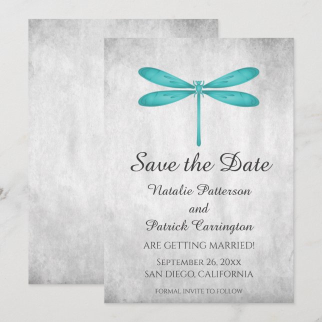 Teal Dragonfly Save the Date Invite (Front/Back)