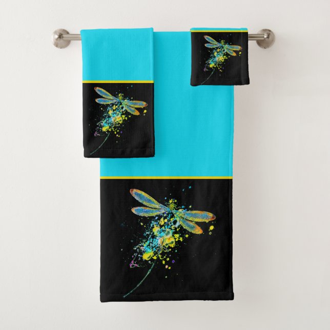 Teal Dragonfly splatter  Bath Towel Set (Insitu)
