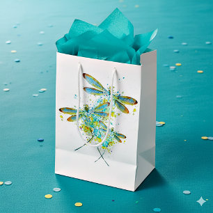 Teal Dragonfly splatter  Medium Gift Bag