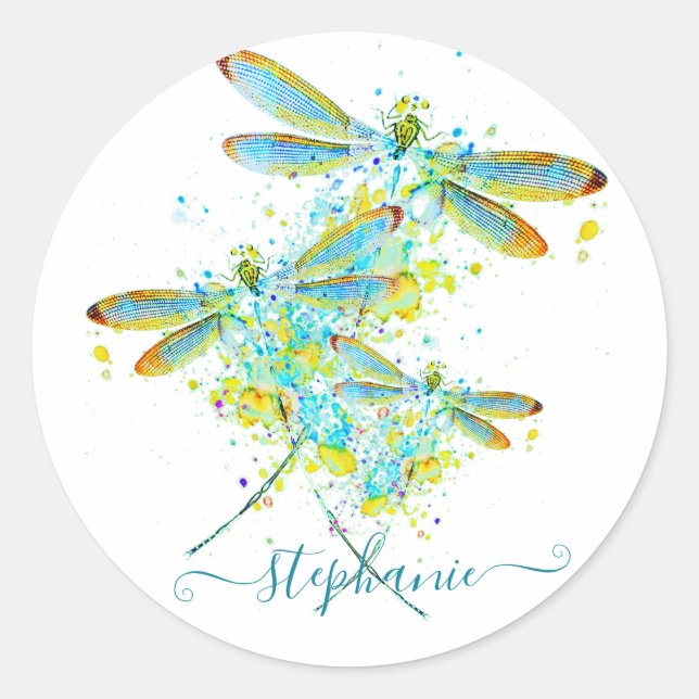 Teal Dragonfly splatter personalised  Classic Round Sticker (Front)