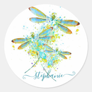 Teal Dragonfly splatter personalised Classic Round Sticker