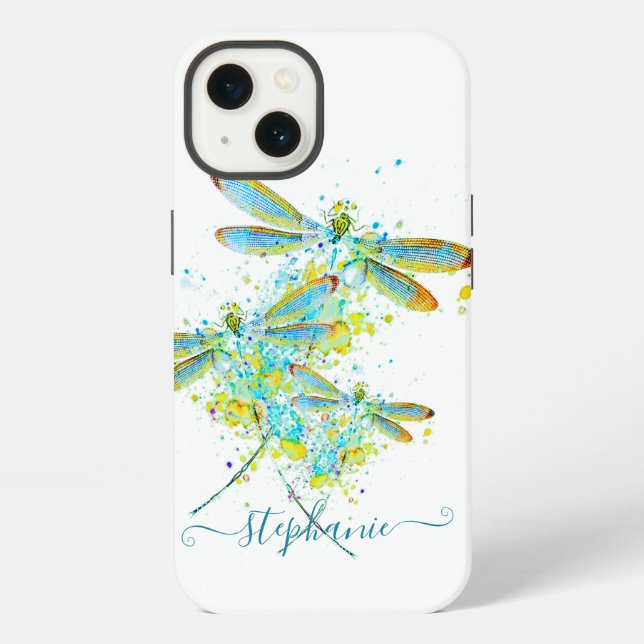 Teal Dragonfly splatter personalised  iPhone Case (Back)