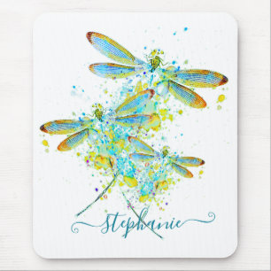 Teal Dragonfly splatter personalised  Mouse Pad