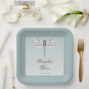 Teal Dragonfly Wedding Paper Plate