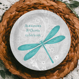 Teal Dragonfly Wedding Paper Plate