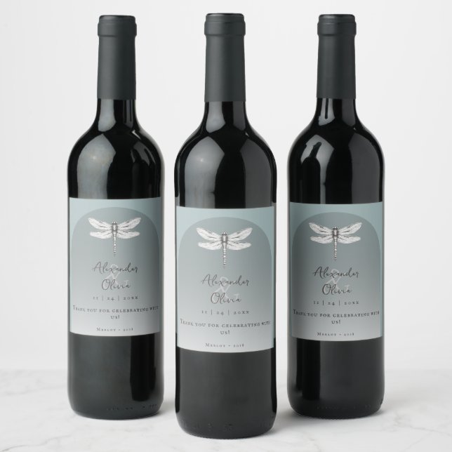 Teal Dragonfly Wedding Wine Label (Bottles)