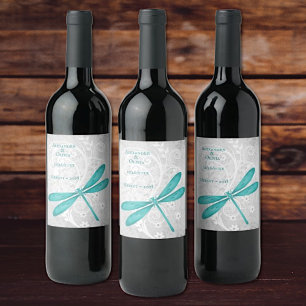 Teal Dragonfly Wedding Wine Label