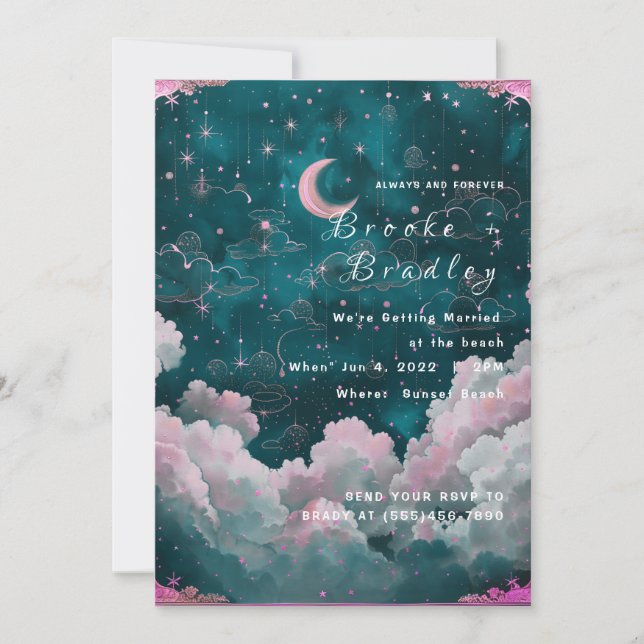 Teal Dreamy Moon & Stars Wedding Invitation (Front)